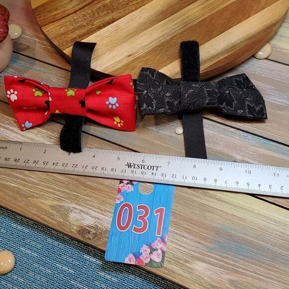 #31 Red Bones & Black Floral Print Doggie Bow-Ties, Attaches To Collar! - Picture 1 of 1